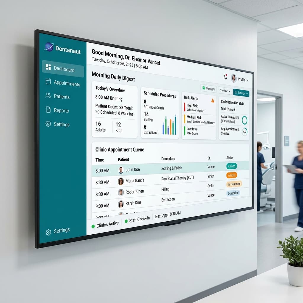 Dentanaut Morning Clinic Queue and Daily Digest Dashboard